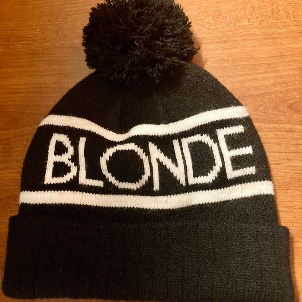 Brunette The Label Black and White Blonde Pom Pom Beanie hat